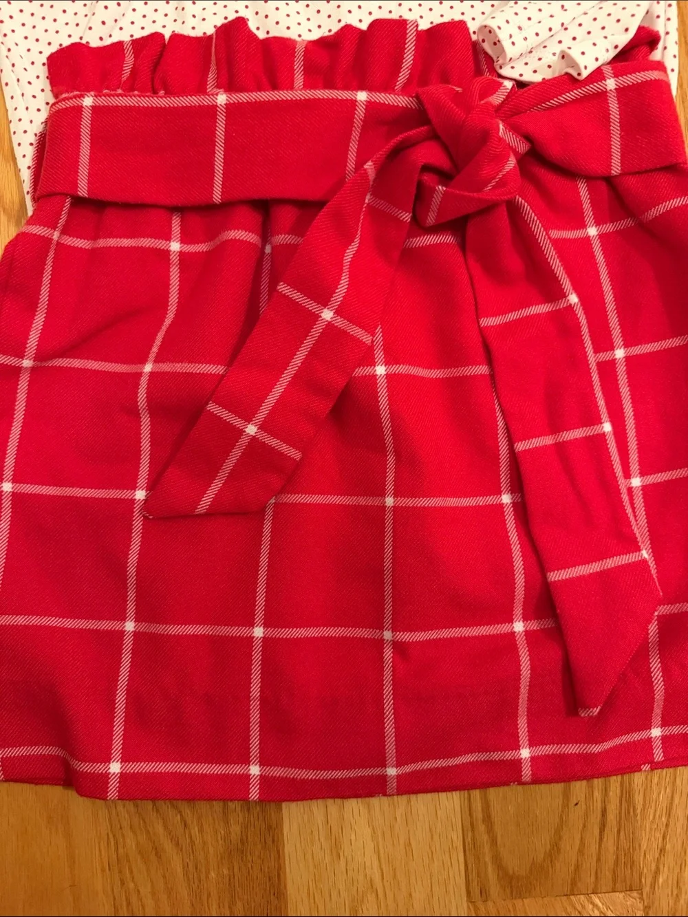 The Beaufort Bonnet Company Girls Red Plaid Skirt with polka dot turtle neck